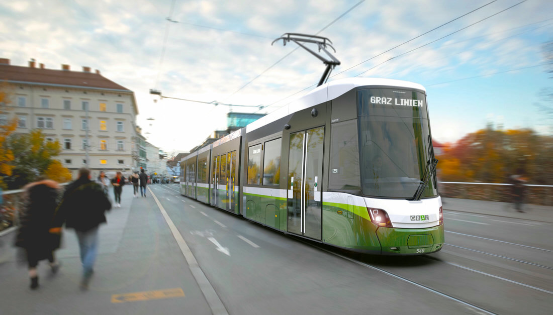 Flexity tram on a bridge in Graz