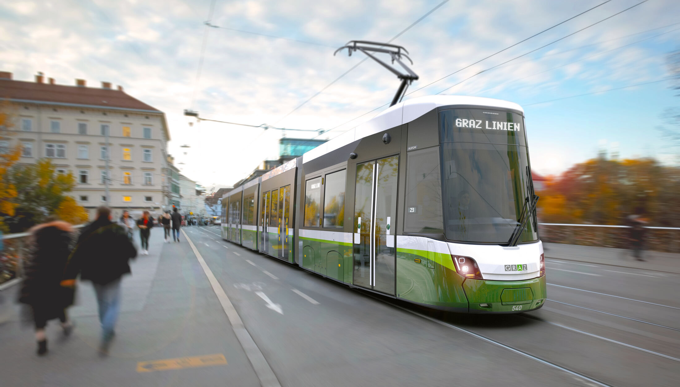 Flexity tram on a bridge in Graz