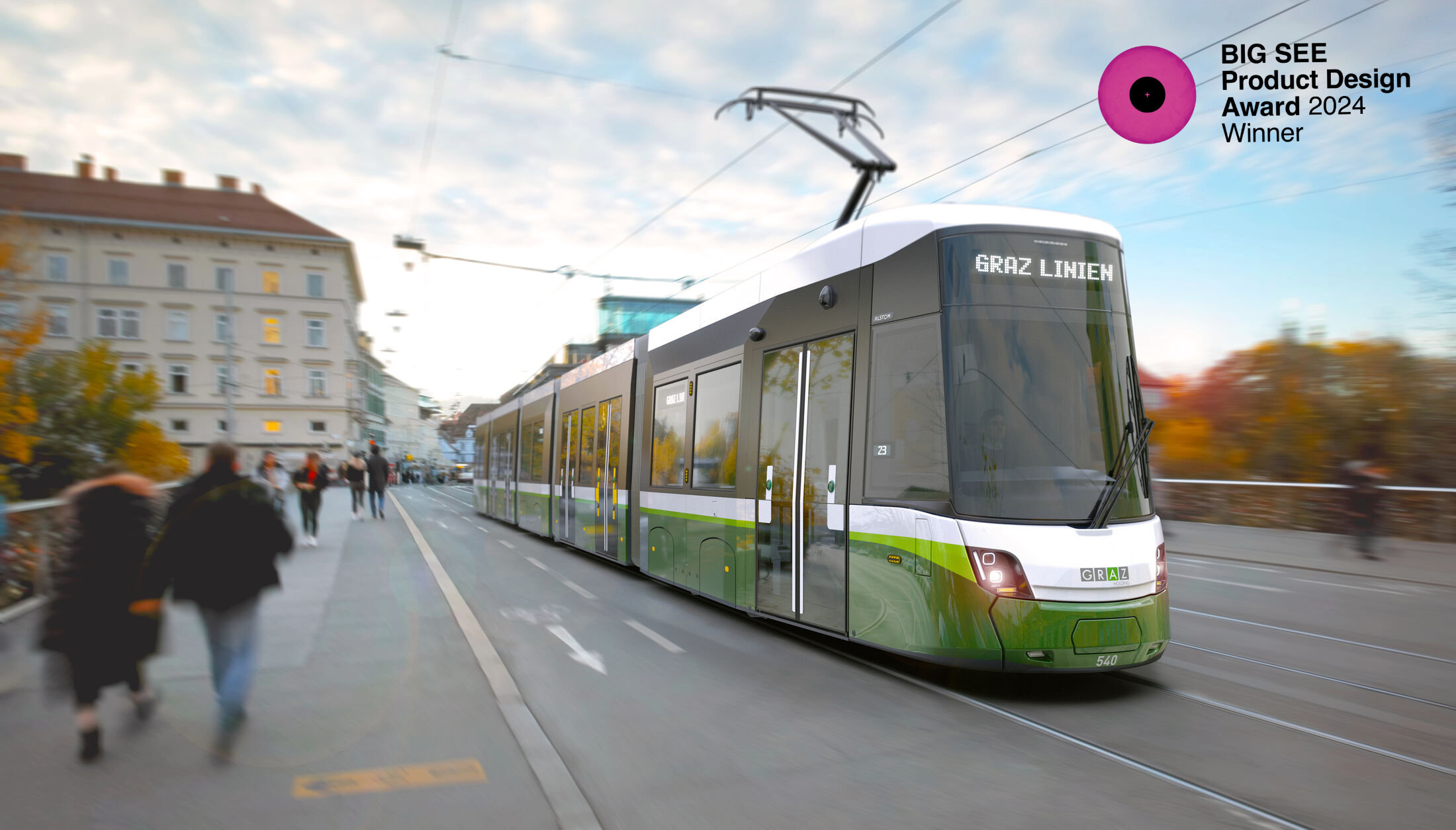 Flexity tram on a bridge in Graz