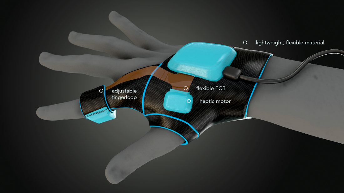 3D rendering of a glove that registers colours and reacts to them with vibrations.