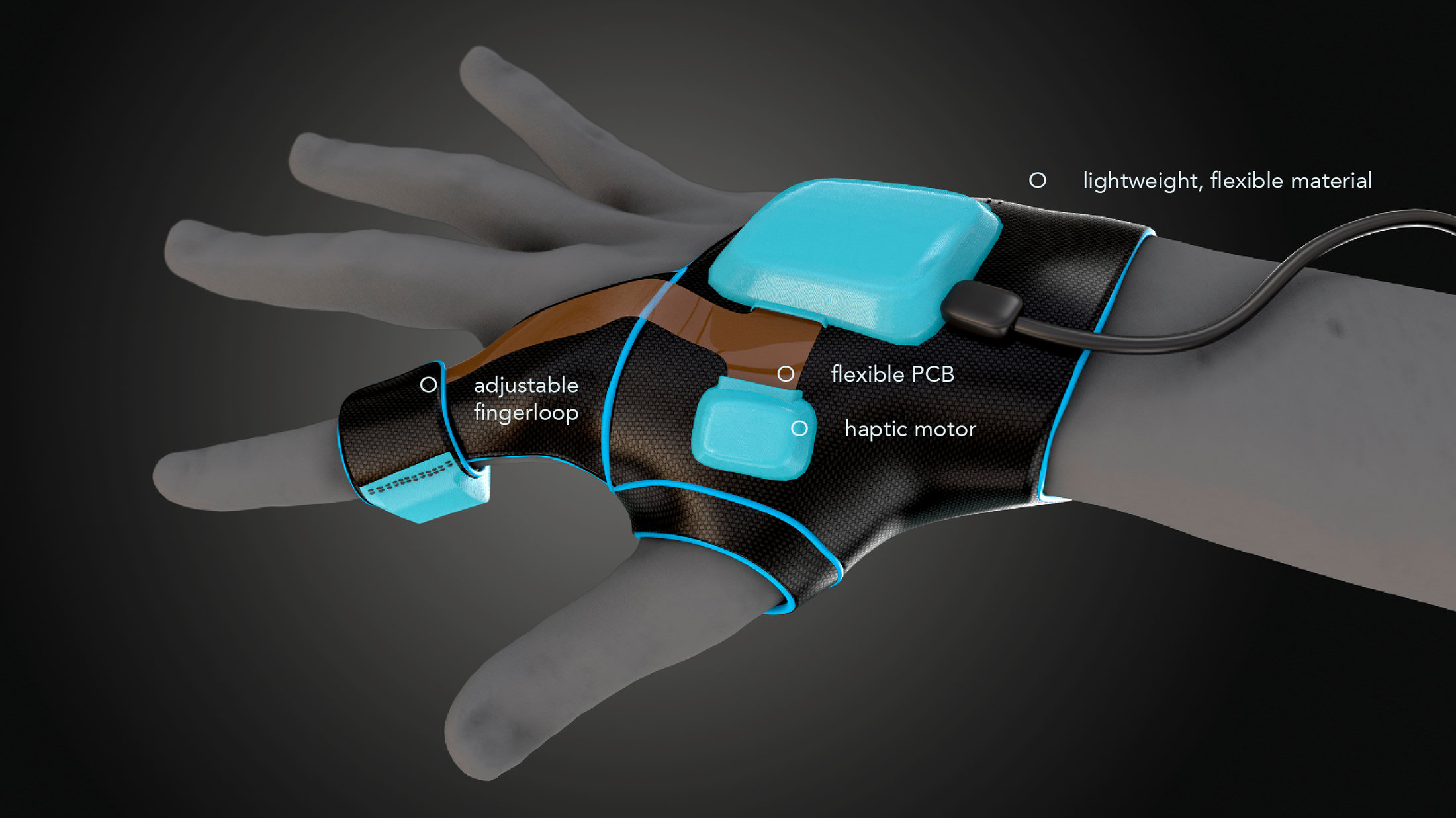 3D rendering of a glove that registers colours and reacts to them with vibrations.
