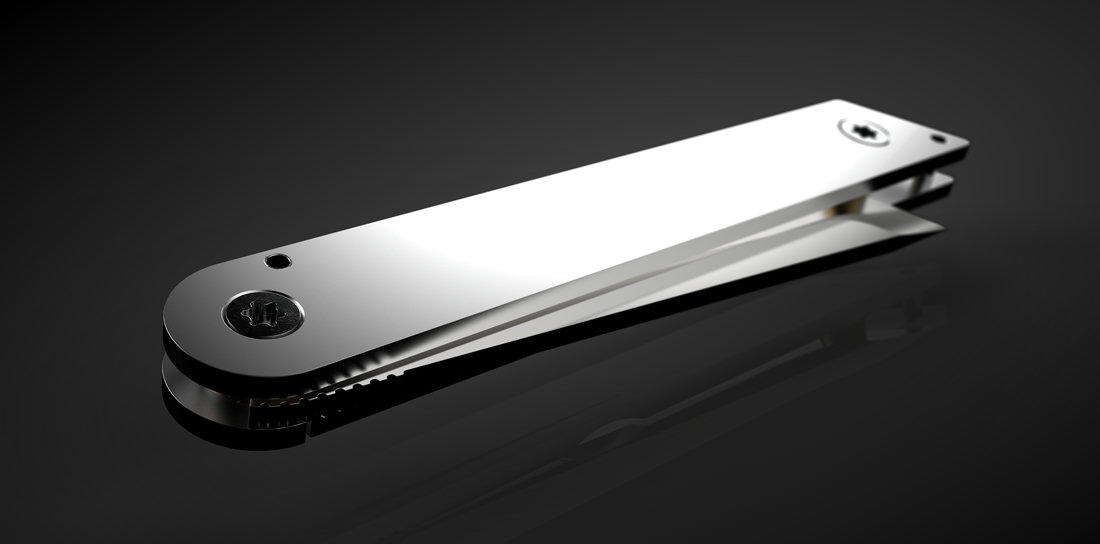 Rendering of a stainless steel foldable knife