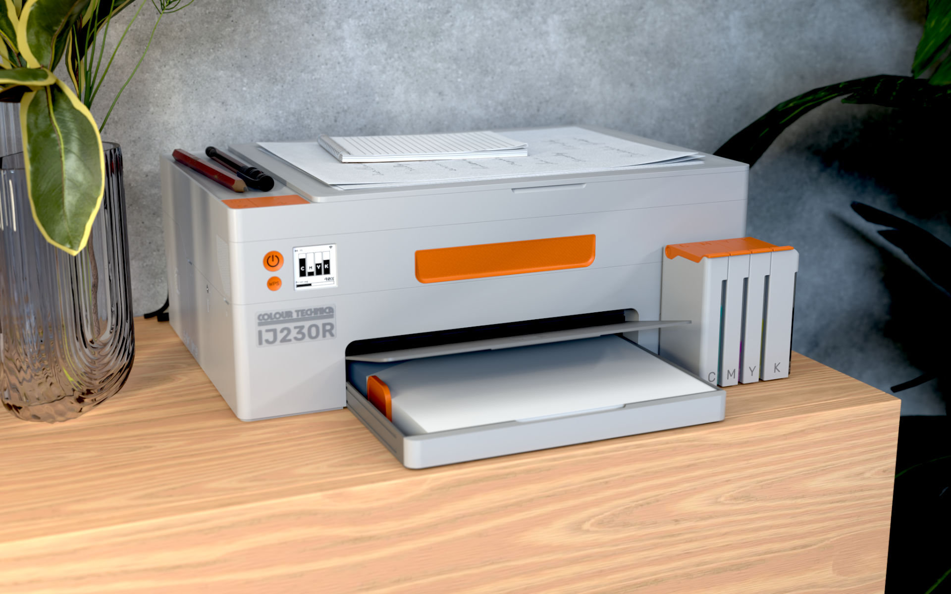3D rendering of a repairable inkjet printer.