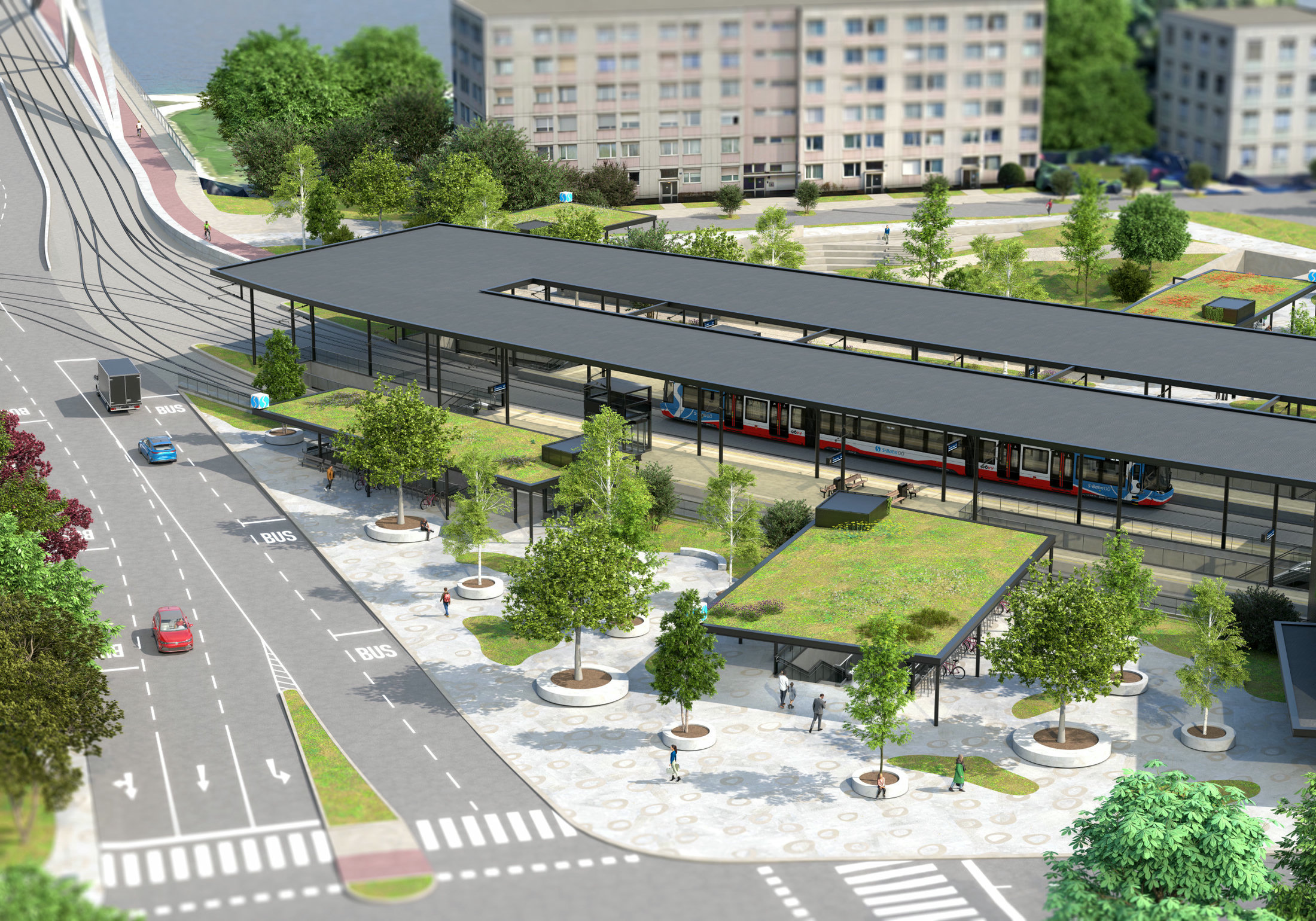 Bird's eye view 3D rendering of a train-station