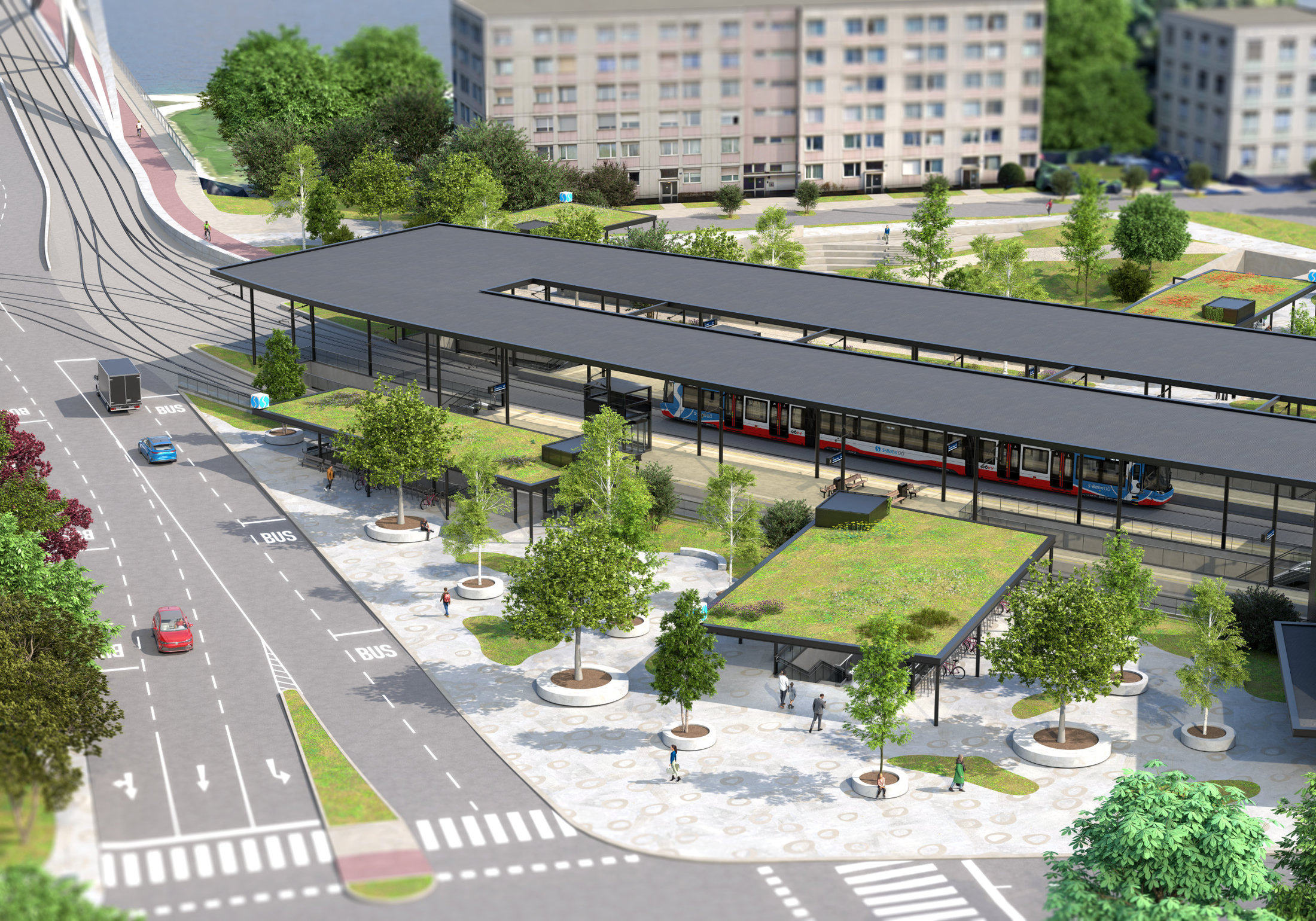 Bird's eye view 3D rendering of a train-station